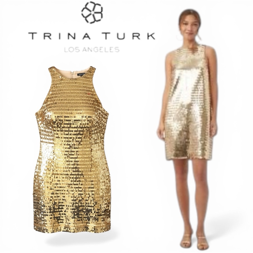Trina Turk Dress Women Gold Sequins Sleeveless Size 8 NWT